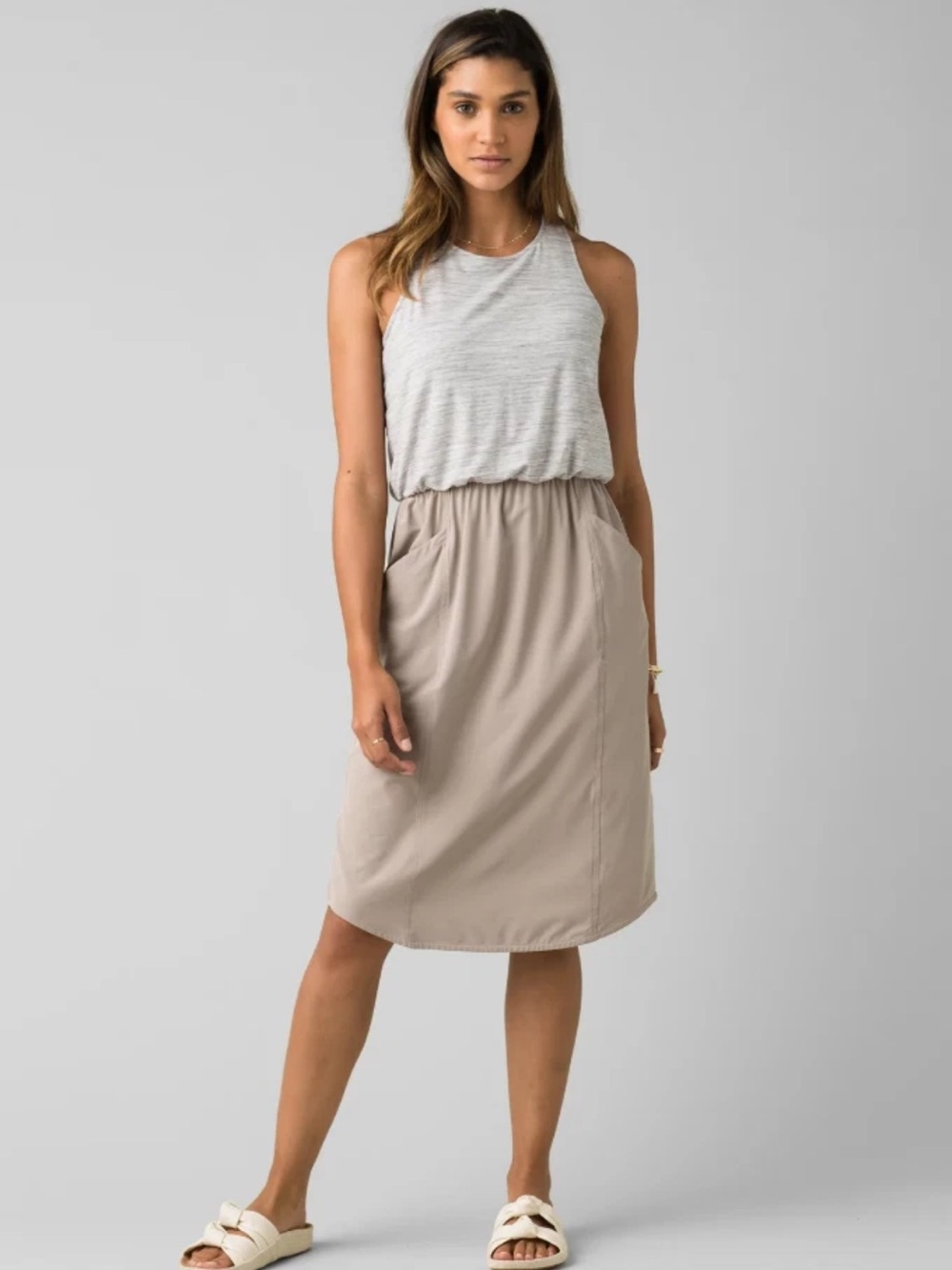 Prana Buffy Dress Taupe Elastic-Waist Midi with Pockets